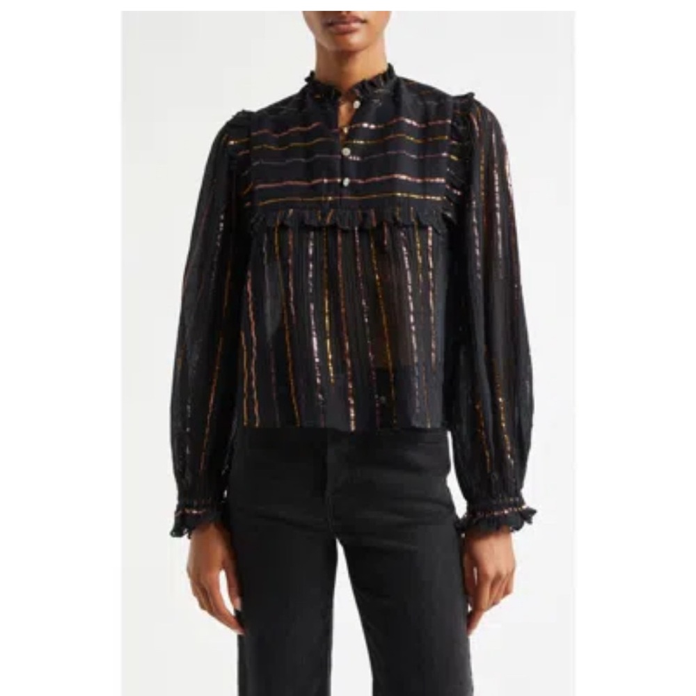 FARM RIO Metallic Stripe Ruffle Shirt In Black size XS New